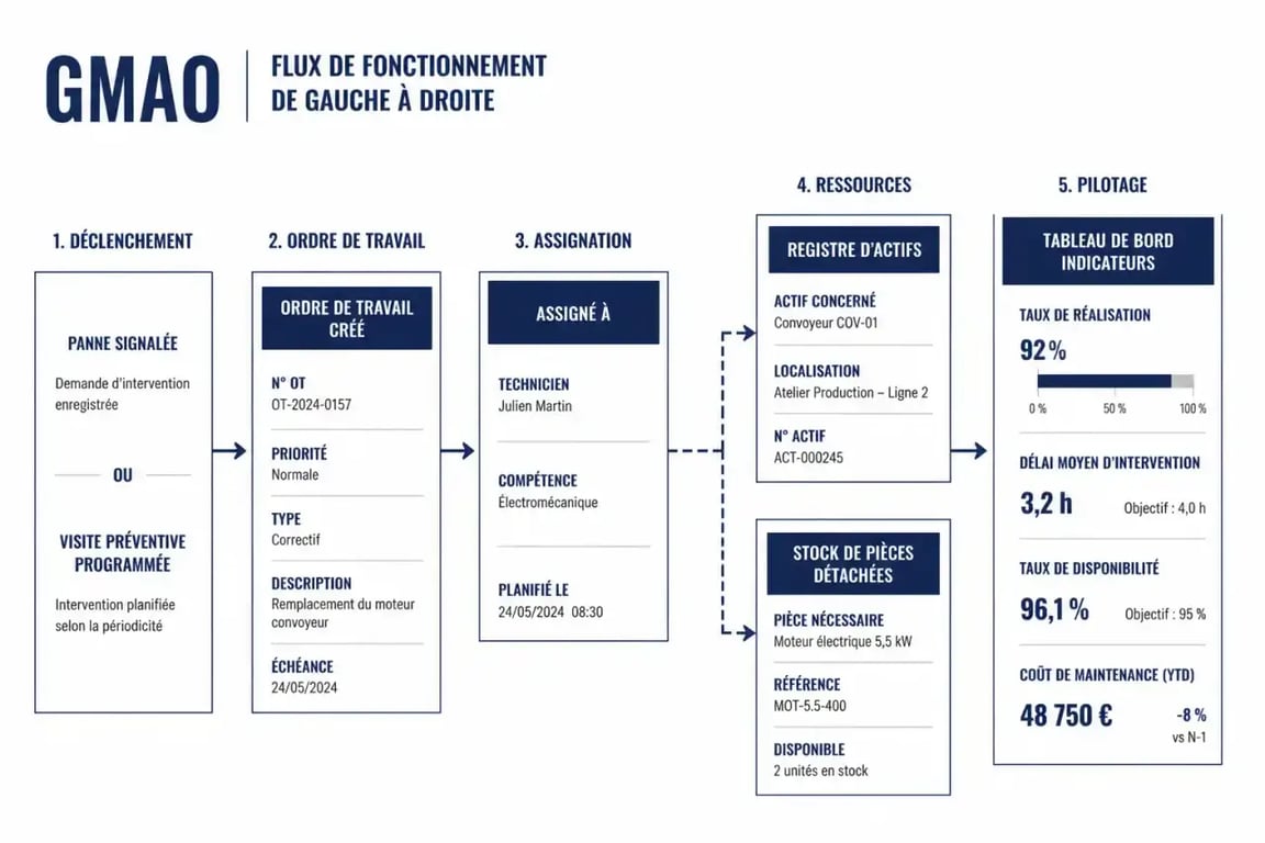 Schéma du fonctionnement d'une GMAO : ordre de travail, stocks et tableau de bord