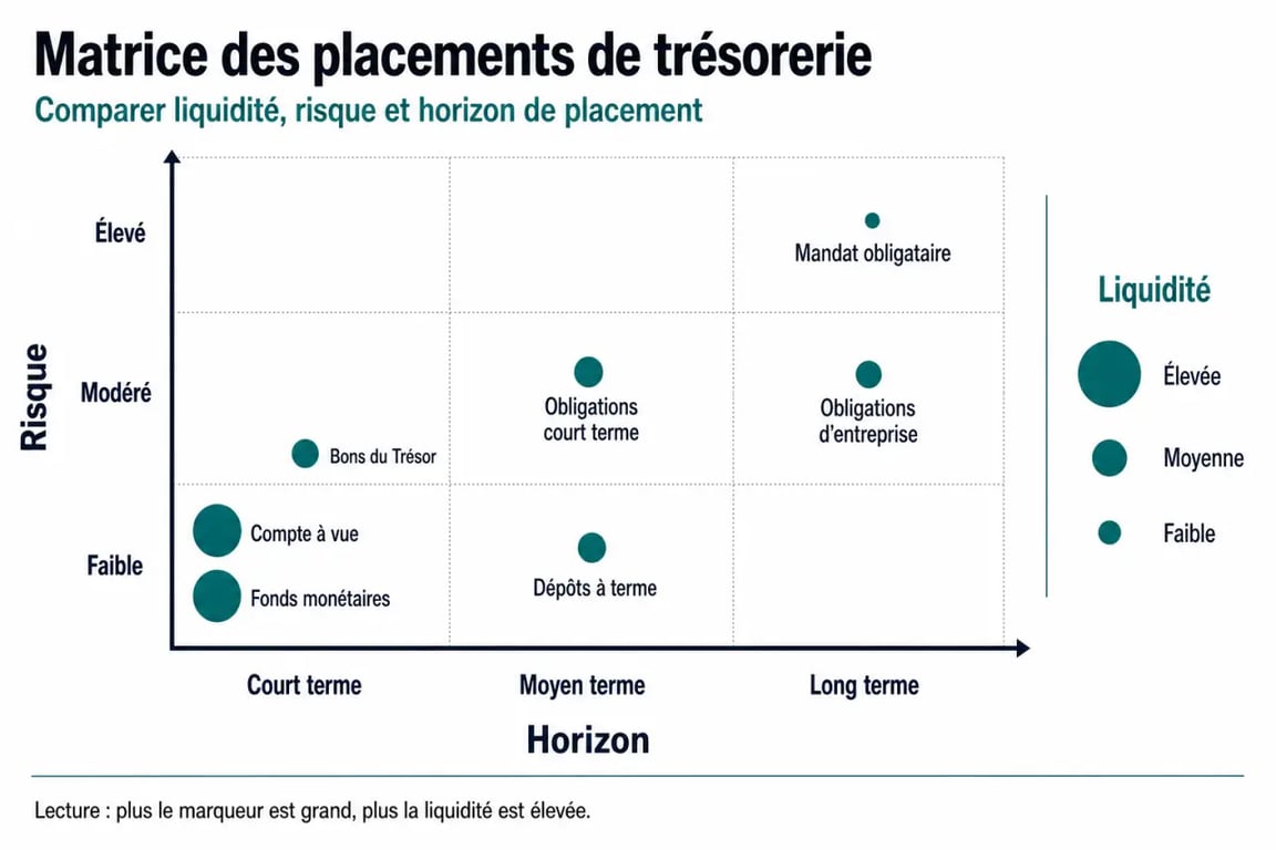 Infographie comparative des solutions de placement pour l'excédent de trésorerie d'entreprise selon le risque et la liquidité