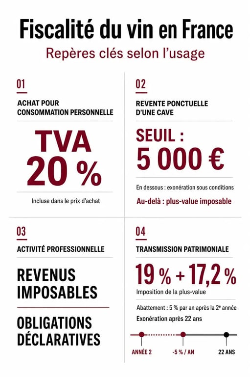 Fiscalité vin en France : TVA, seuil de 5 000 euros et règles de plus-value sur une cave
