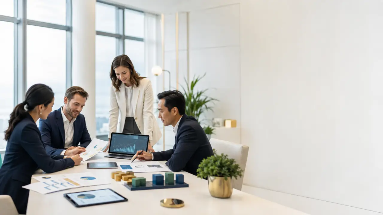 Réunion de dirigeants B2B analysant des graphiques de croissance et d'investissement