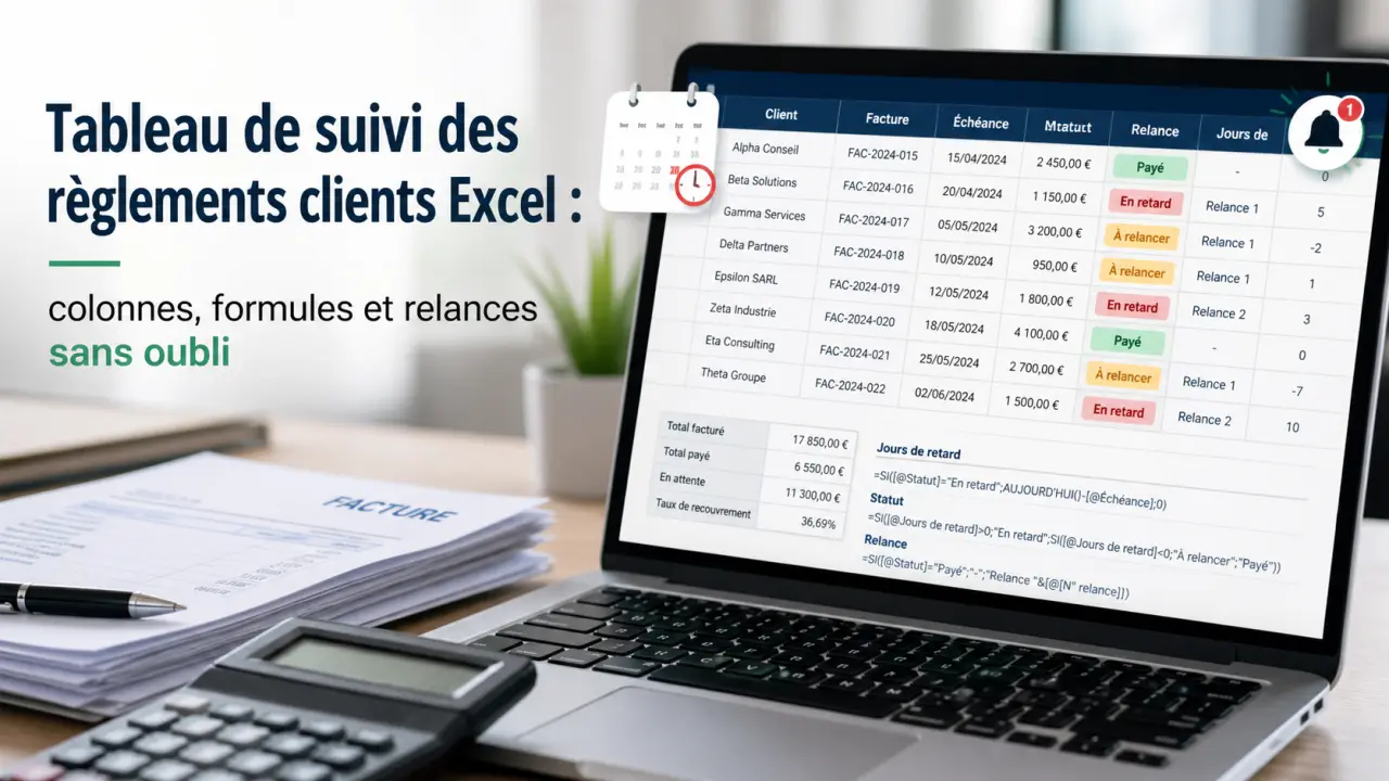 Tableau de suivi des règlements clients Excel : colonnes, formules et relances sans oubli