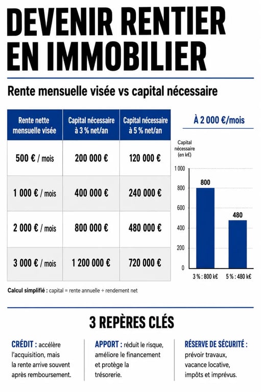Rentier en immobilier : infographie du capital nécessaire selon la rente visée et le rendement net