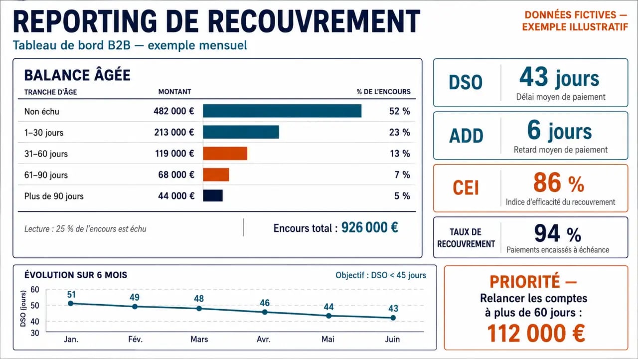 Infographie de reporting recouvrement avec dashboard KPI et balance âgée