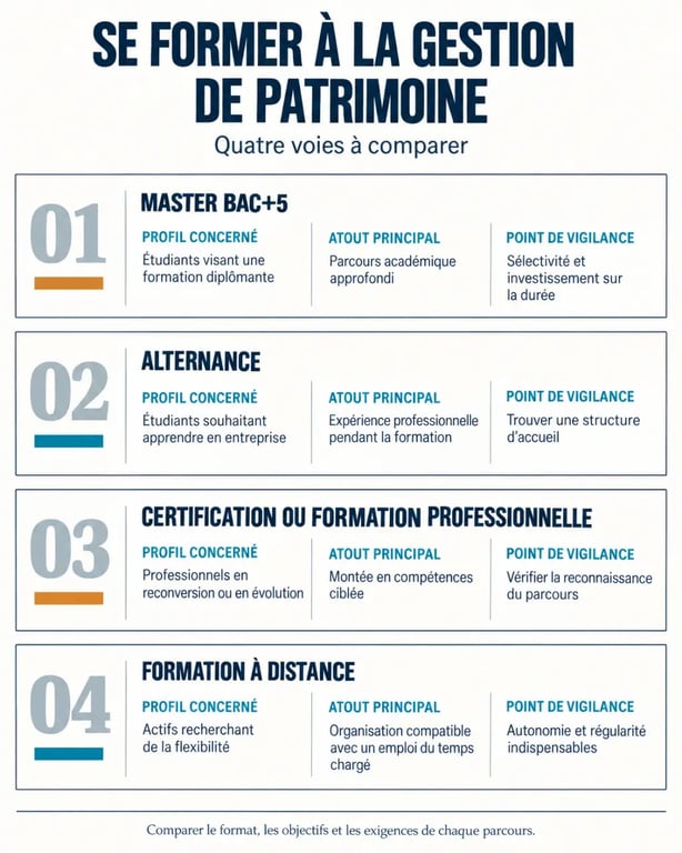 Infographie des parcours de formation en gestion de patrimoine