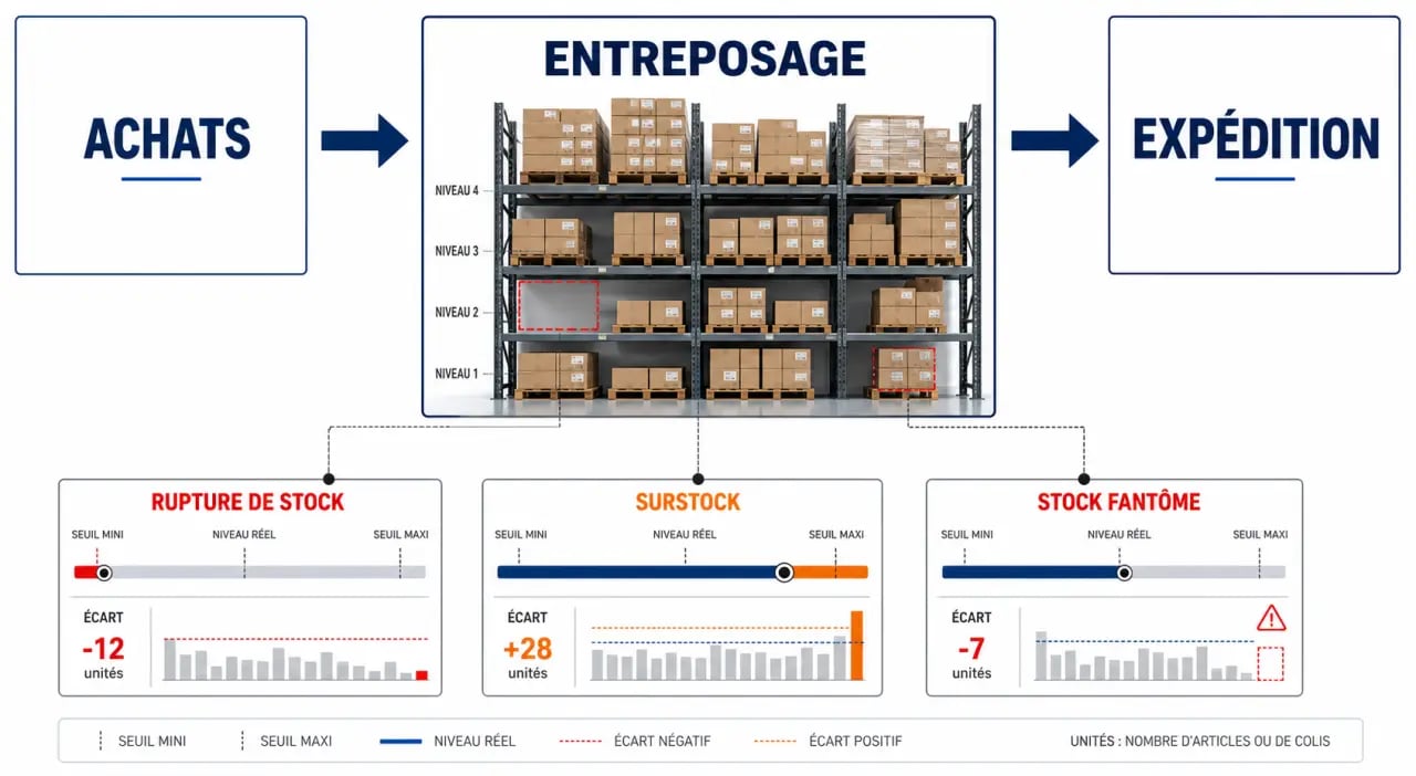Gestion de stock logistique : flux achats, entreposage et expédition avec indicateurs de rupture et de surstock
