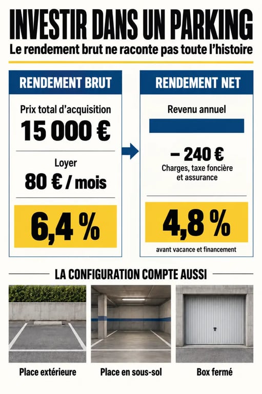 Infographie pour investir dans les parking : différence entre rendement brut et rendement net