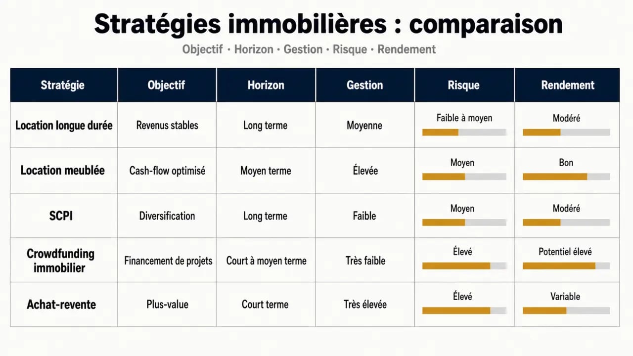 Comparatif des stratégies immobilier selon objectif, horizon et niveau de gestion