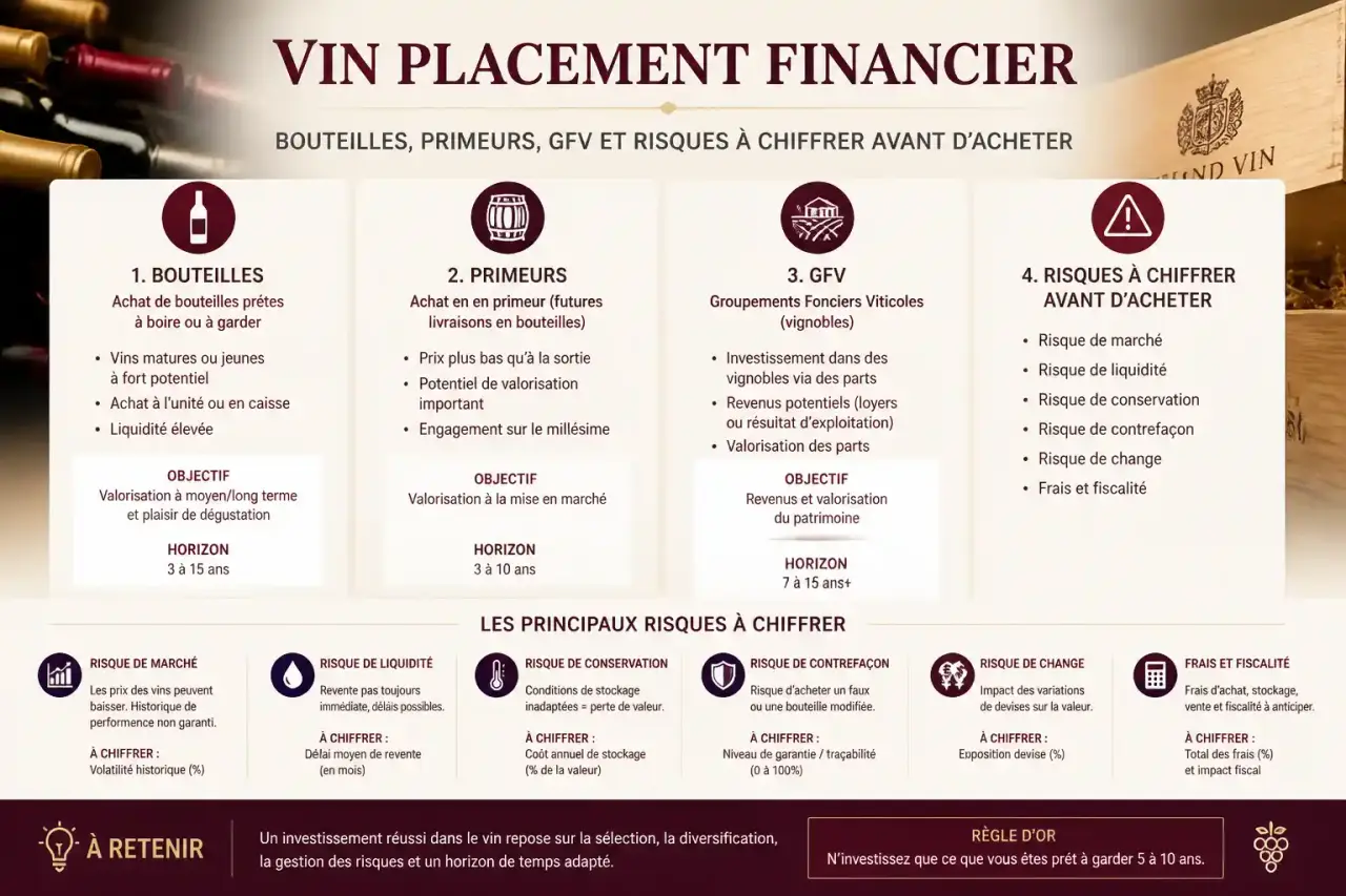 Vin placement financier : bouteilles, primeurs, GFV et risques à chiffrer avant d’acheter