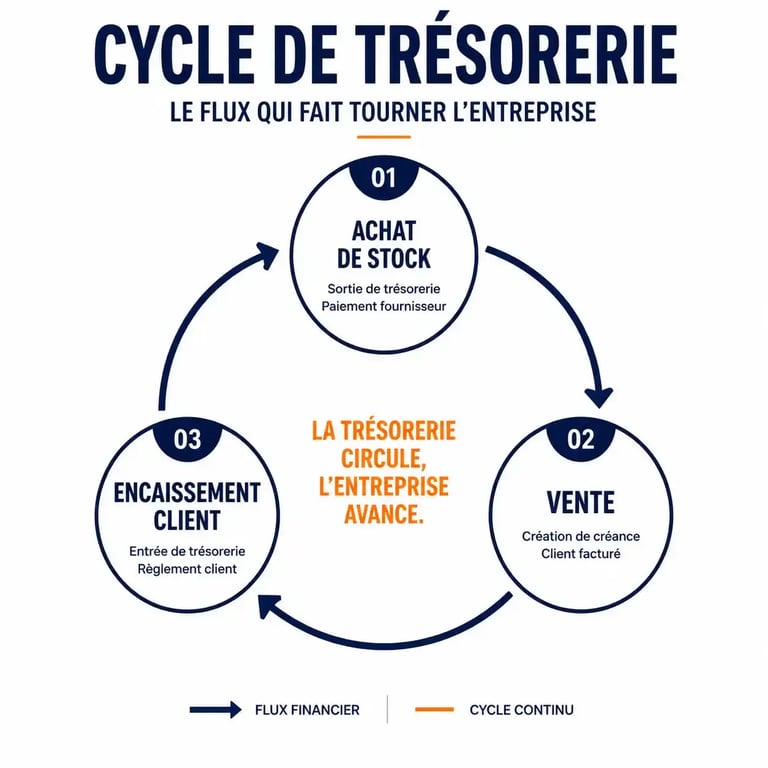 Schéma du cycle financement stock, vente et encaissement de trésorerie
