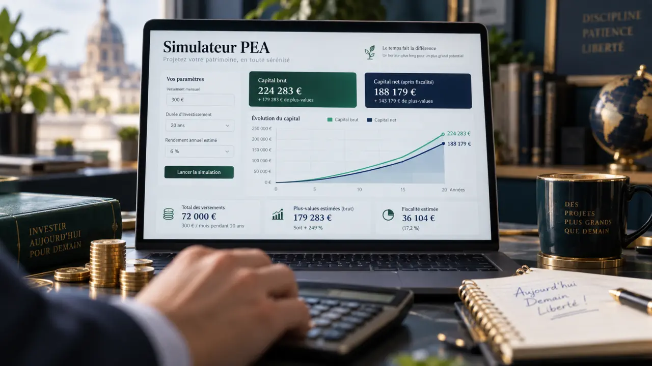 Simulateur PEA : comparez votre capital brut et net selon la durée, les versements et le rendement