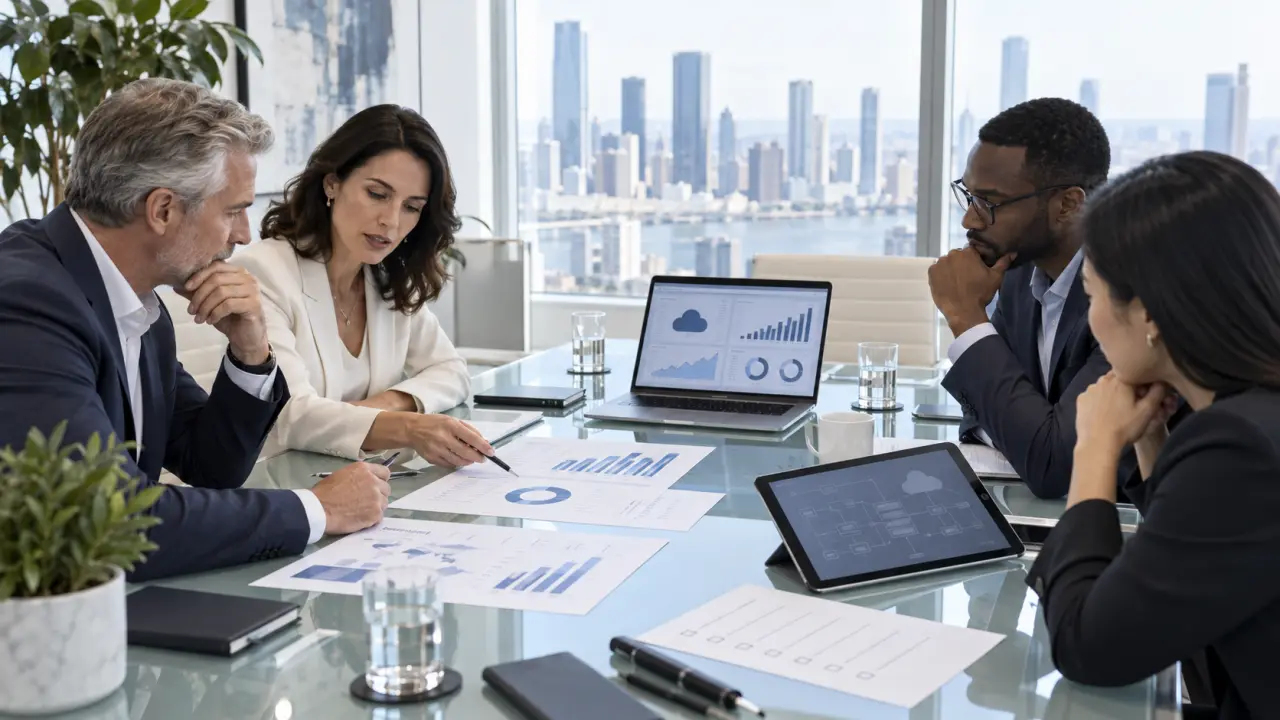 Équipe dirigeante analysant les indicateurs d’un éditeur SaaS B2B